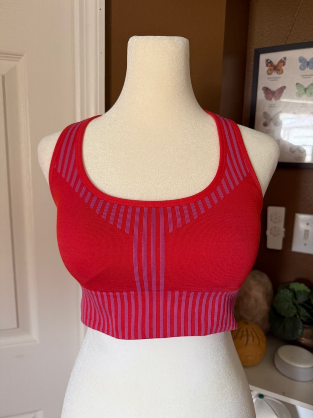 SAGE COLLECTIVE Seamless Red & Pink Striped Racerback Sports Bra / Size M